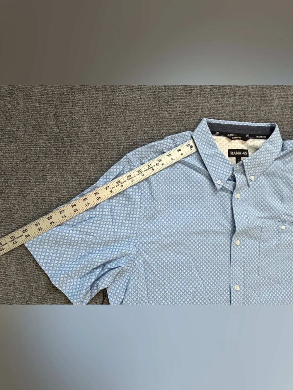 Rank 45 Mens Large Button Down Shirt Blue Geometric Print Short Sleeve NWT